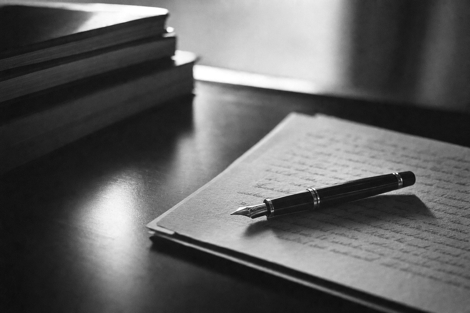 Fountain pen resting on manuscript pages